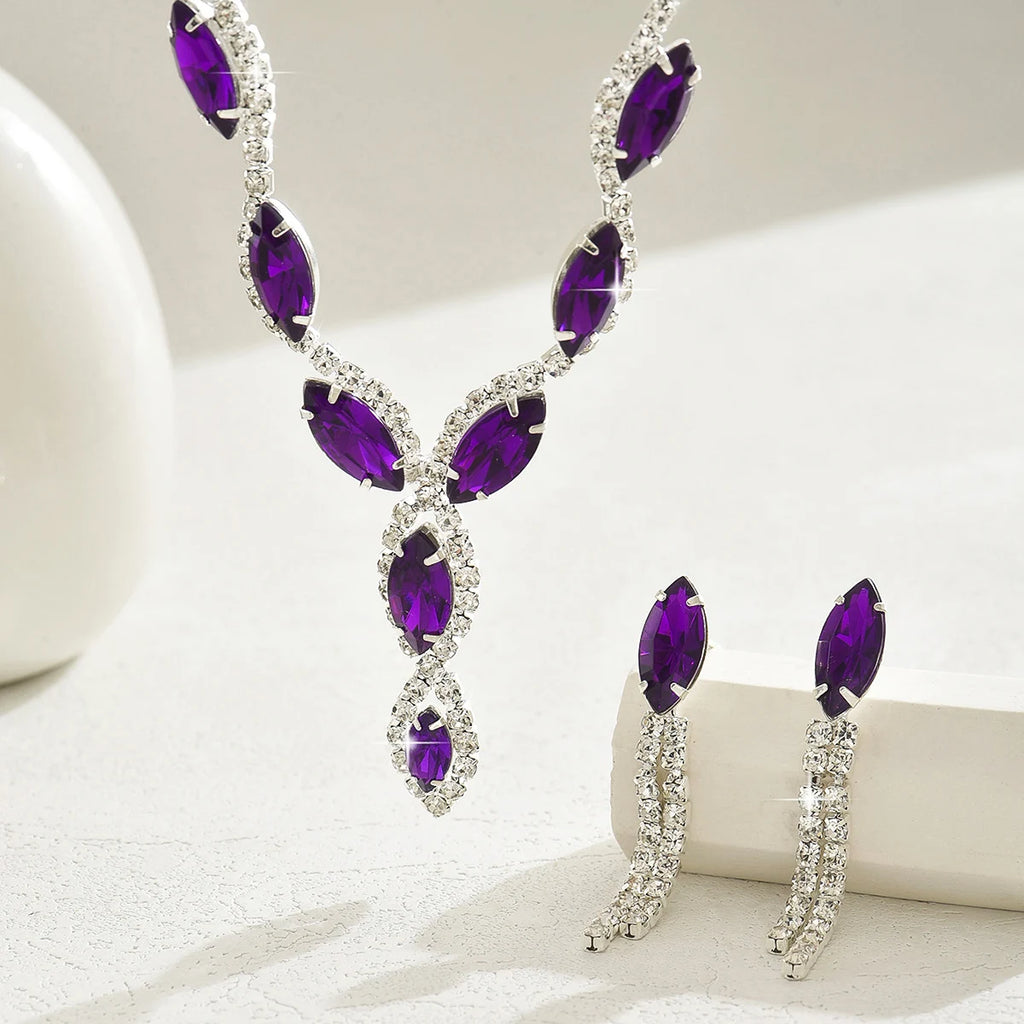 BLIJERY Elegant Purple Crystal Jewelry Sets for Women Crystal Rhinestones Necklace Earrings Bridal Wedding Party Jewelry Sets
