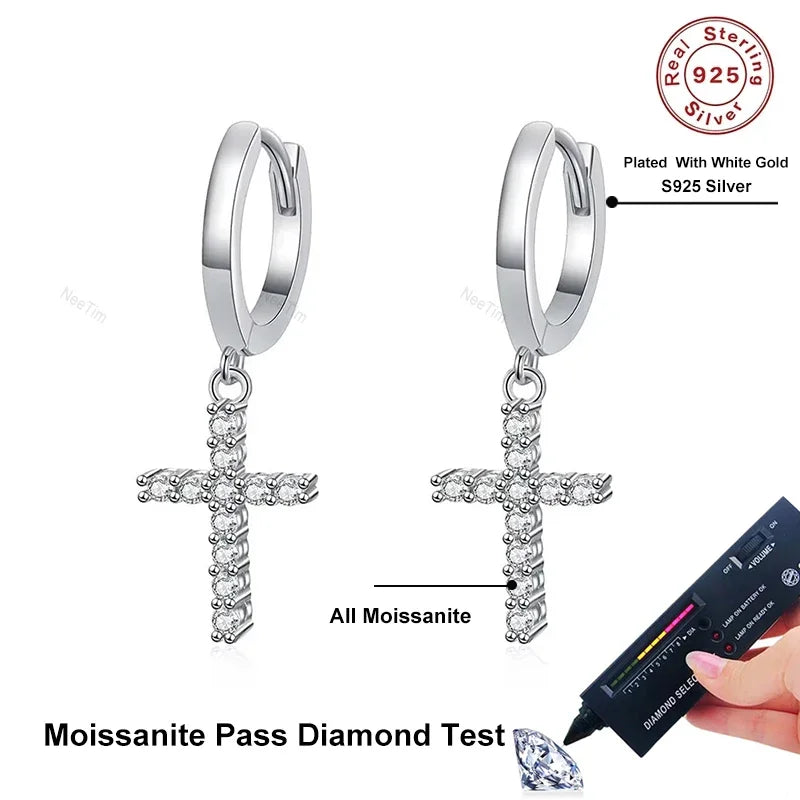 Moissanite Cross Earrings in Sterling Silver